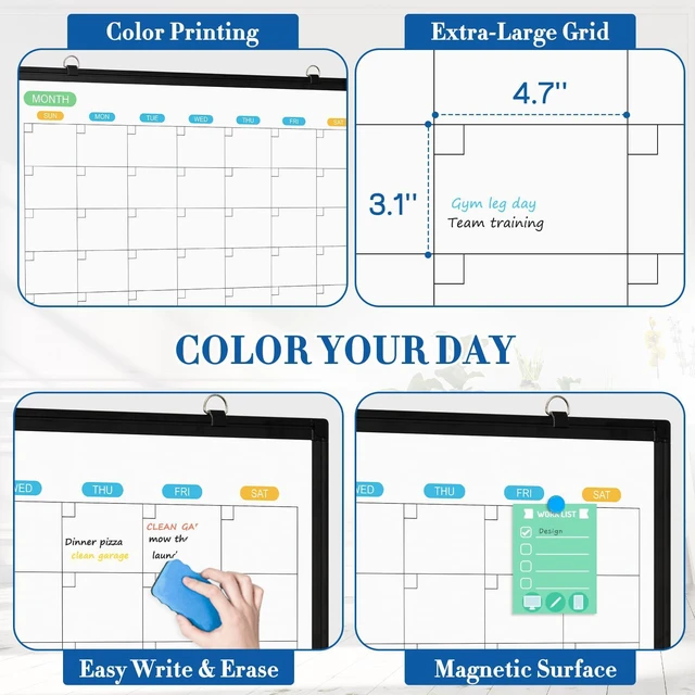 Alt view image 3 of 7 - Dry Erase Calendar Whiteboard for Wall, 36" x 24" Month White Board Black Double-Sided Magnetic, Monthly Calendar Whiteboard, Aluminum Frame, Hanging Wall Mount, Home Office School