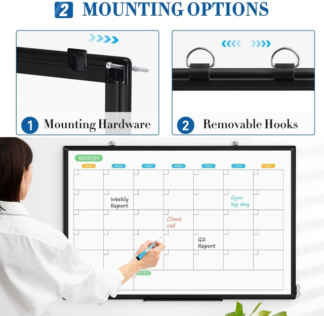 Alt view image 5 of 7 - Dry Erase Calendar Whiteboard for Wall, 36" x 24" Month White Board Black Double-Sided Magnetic, Monthly Calendar Whiteboard, Aluminum Frame, Hanging Wall Mount, Home Office School