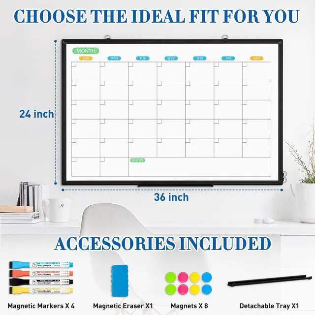 Alt view image 4 of 7 - Dry Erase Calendar Whiteboard for Wall, 36" x 24" Month White Board Black Double-Sided Magnetic, Monthly Calendar Whiteboard, Aluminum Frame, Hanging Wall Mount, Home Office School