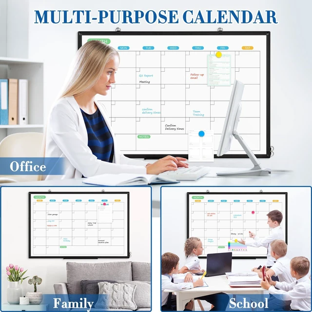 Alt view image 6 of 7 - Dry Erase Calendar Whiteboard for Wall, 36" x 24" Month White Board Black Double-Sided Magnetic, Monthly Calendar Whiteboard, Aluminum Frame, Hanging Wall Mount, Home Office School