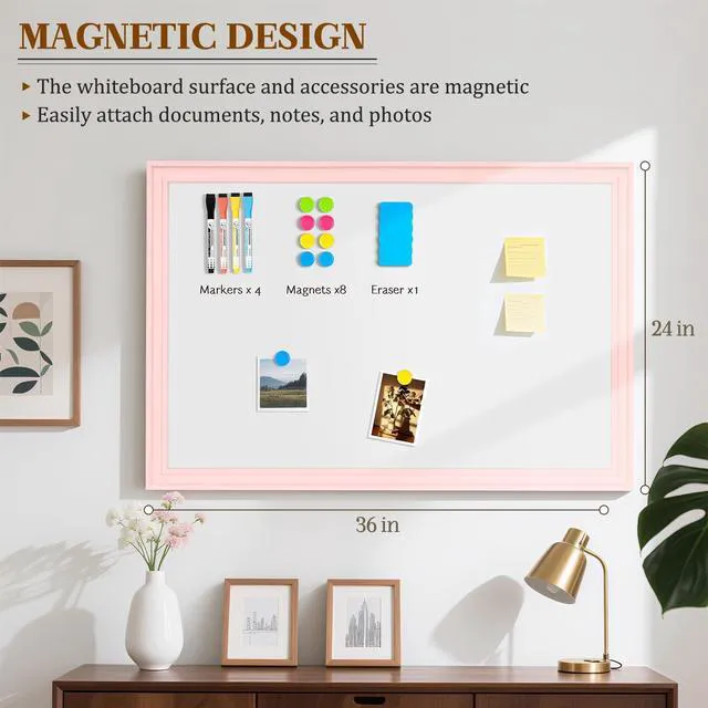 Alt view image 2 of 7 - White Board for Wall, 36'' x 24'' Magnetic Dry Erase Board, Pink Wooden Frame, Decorative Whiteboard, Wall Mounted, for Home, Office, Kitchen, Dorm, 4 Markers, 6 Magnets, A Eraser