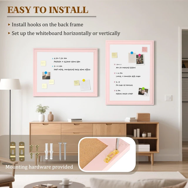 Alt view image 5 of 7 - White Board for Wall, 36'' x 24'' Magnetic Dry Erase Board, Pink Wooden Frame, Decorative Whiteboard, Wall Mounted, for Home, Office, Kitchen, Dorm, 4 Markers, 6 Magnets, A Eraser