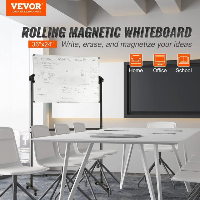 Alt view image 2 of 7 - Rolling Magnetic Whiteboard, Double-Sided Mobile Whiteboard 36x24 Inches, 360° Reversible Adjustable Height Dry Erase Board with Wheels & Movable Tray for Office, School