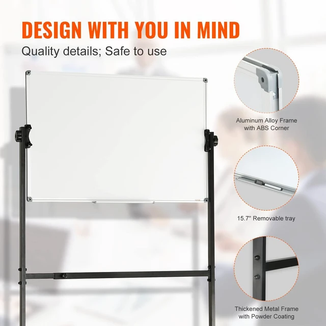Alt view image 6 of 7 - Rolling Magnetic Whiteboard, Double-Sided Mobile Whiteboard 36x24 Inches, 360° Reversible Adjustable Height Dry Erase Board with Wheels & Movable Tray for Office, School