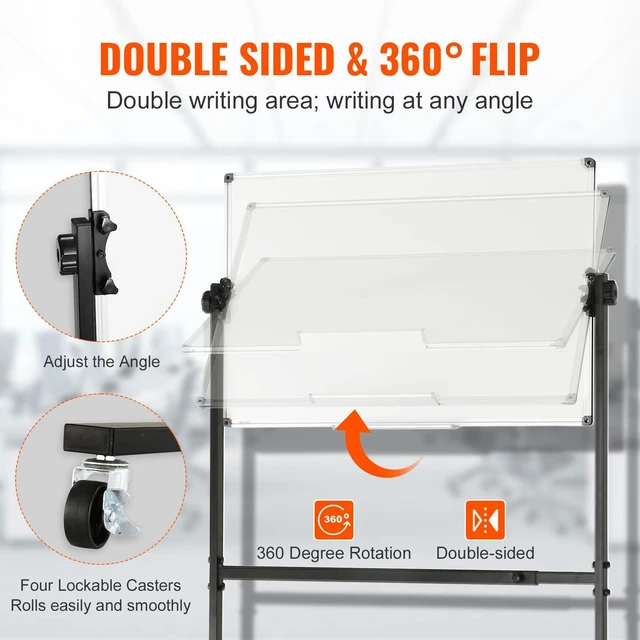 Alt view image 3 of 7 - Rolling Magnetic Whiteboard, Double-Sided Mobile Whiteboard 36x24 Inches, 360° Reversible Adjustable Height Dry Erase Board with Wheels & Movable Tray for Office, School