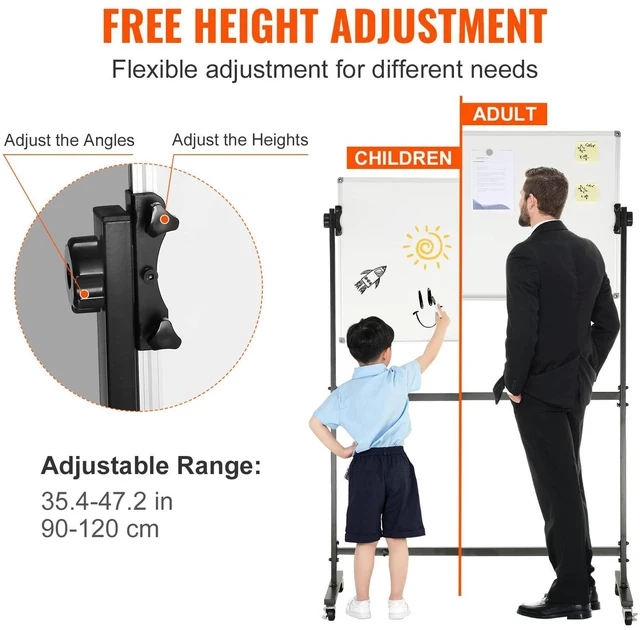 Alt view image 5 of 7 - Rolling Magnetic Whiteboard, Double-Sided Mobile Whiteboard 36x24 Inches, 360° Reversible Adjustable Height Dry Erase Board with Wheels & Movable Tray for Office, School