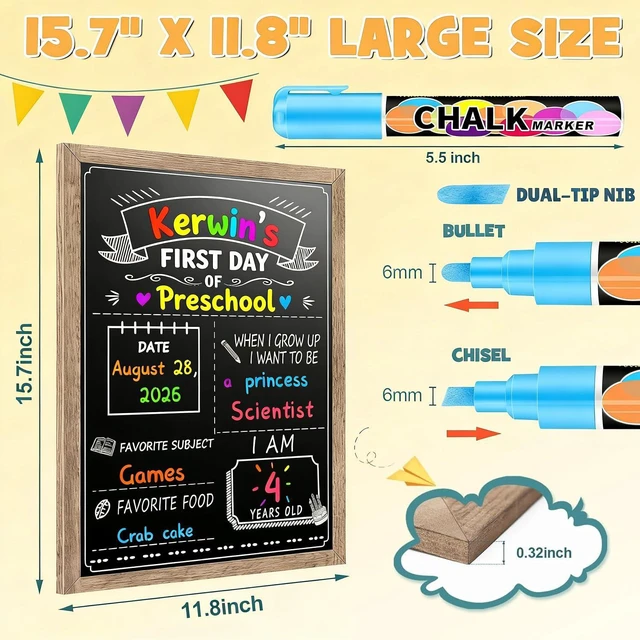 Alt view image 4 of 7 - 12 x 16 in First Day of School Board Sign for All Grades Student, Wood Frame Back to School Chalkboard Sign for Kids 1st and Last Day, Double-Side, with 8 Dry Erase Markers & 1 Wipe Cloth