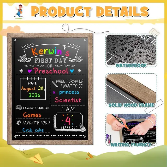 Alt view image 6 of 7 - 12 x 16 in First Day of School Board Sign for All Grades Student, Wood Frame Back to School Chalkboard Sign for Kids 1st and Last Day, Double-Side, with 8 Dry Erase Markers & 1 Wipe Cloth