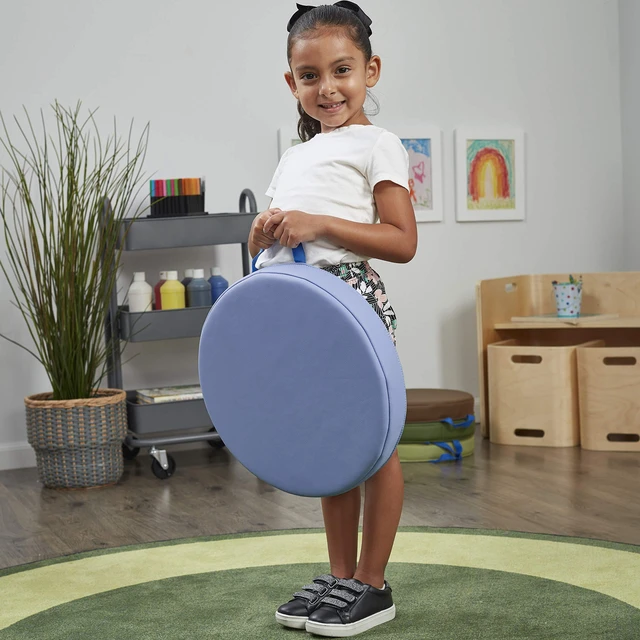 Alt view image 4 of 7 - SoftScape 15 inch Round Classroom Floor Cushions with Handles; Flexible Seating for Daycare, Preschool, Playroom; 2 inch Thick Deluxe Foam (6-Piece) - Earthtone, 11232-ET