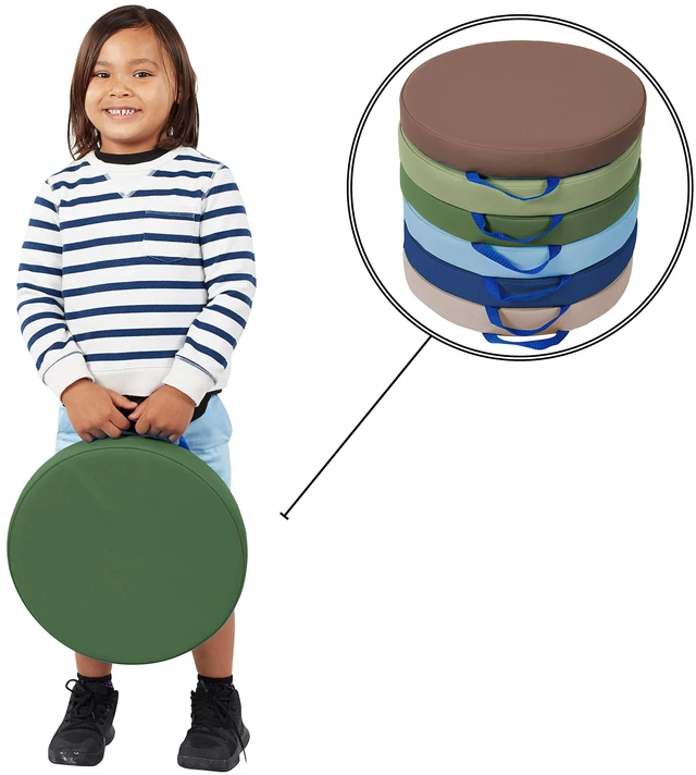 Alt view image 2 of 7 - SoftScape 15 inch Round Classroom Floor Cushions with Handles; Flexible Seating for Daycare, Preschool, Playroom; 2 inch Thick Deluxe Foam (6-Piece) - Earthtone, 11232-ET