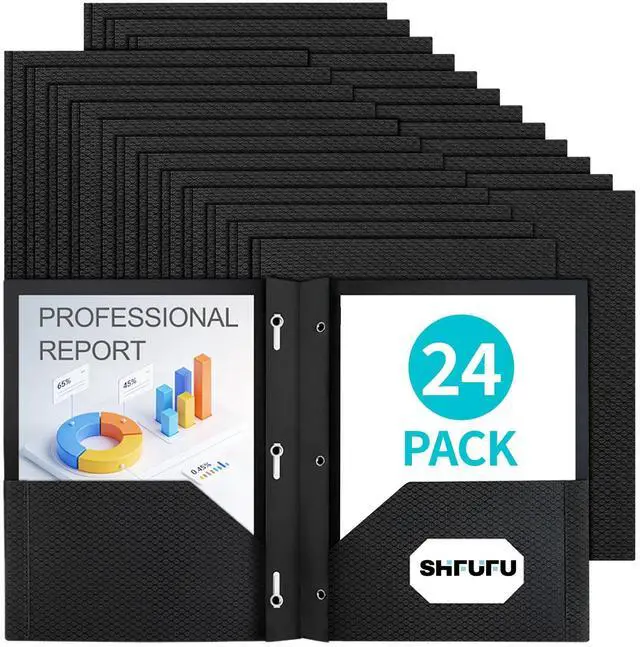 Main image of 24 Pcs Textured Folders with Pockets and Prongs (Black),Fit Letter Size Paper,Business Card Slot,2-Pocket Folder for School Office or Home,Durable Acid-Free Poly,Back to School Supplies Bulk