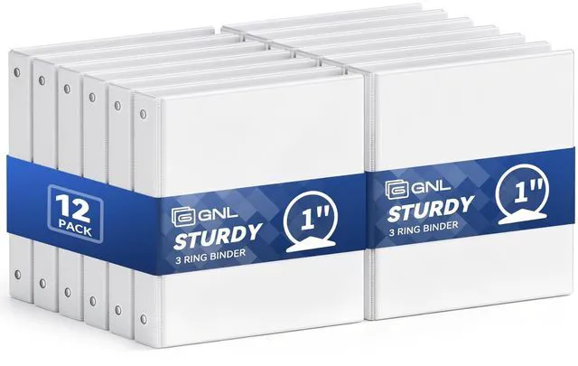 Main image of 3 Ring Binders 1 Inch Economy 12 Packs White, 1" Three Ring (Fits 175 Sheets of 8.5x11 Paper) Clear View PVC-Free & Non-Stick for School or Office Supplies