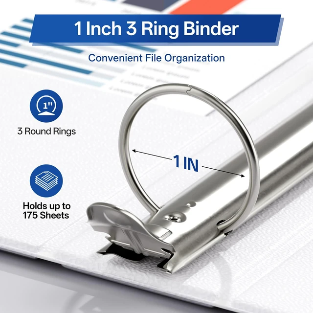 Alt view image 3 of 7 - 3 Ring Binders 1 Inch Economy 12 Packs White, 1" Three Ring (Fits 175 Sheets of 8.5x11 Paper) Clear View PVC-Free & Non-Stick for School or Office Supplies