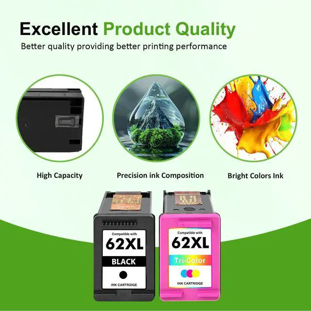 Alt view image 5 of 7 - 62XL 62 XL 7640 Ink Cartridges for HP Printers Black and Color Combo Pack Replacement for HP62 62 XL Ink for HP Envy 7640 5660 7645 7640 5740 OfficeJet 250 Printer (2-Pack, Black/Tricolor)