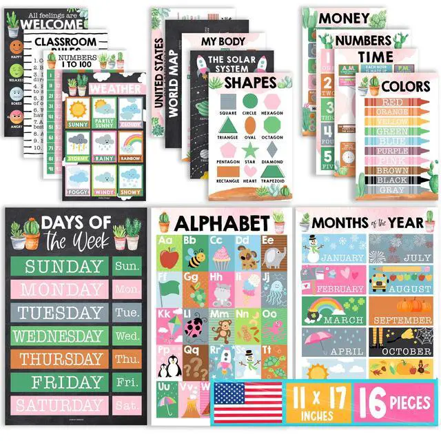Main image of 16 Laminated Toddler Learning Posters 1-3 for Preschool Classroom Decor Cactus Learning Posters for Toddlers 1-3, Homeschool Room Decor for Toddler Wall Activity, Kindergarten Classroom Must Haves