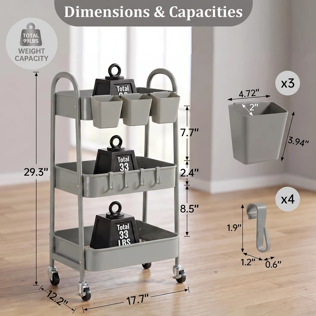 Alt view image 2 of 7 - 3-Tier Rolling Cart, Metal Rolling Storage Cart with Lockable Wheels & Hanging Cups & Hooks, Mobile Trolley Cart for Kitchen, Bathroom, Office, Workshop, Gray