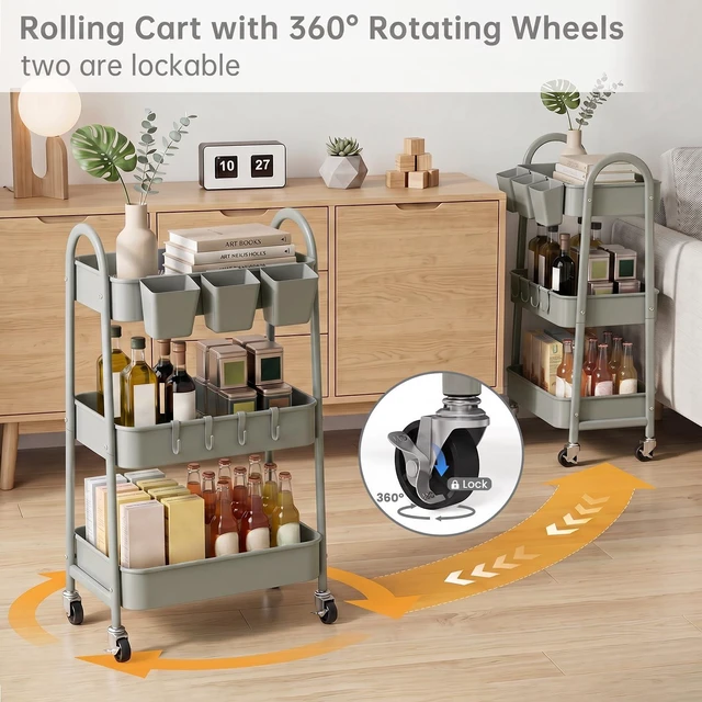 Alt view image 3 of 7 - 3-Tier Rolling Cart, Metal Rolling Storage Cart with Lockable Wheels & Hanging Cups & Hooks, Mobile Trolley Cart for Kitchen, Bathroom, Office, Workshop, Gray