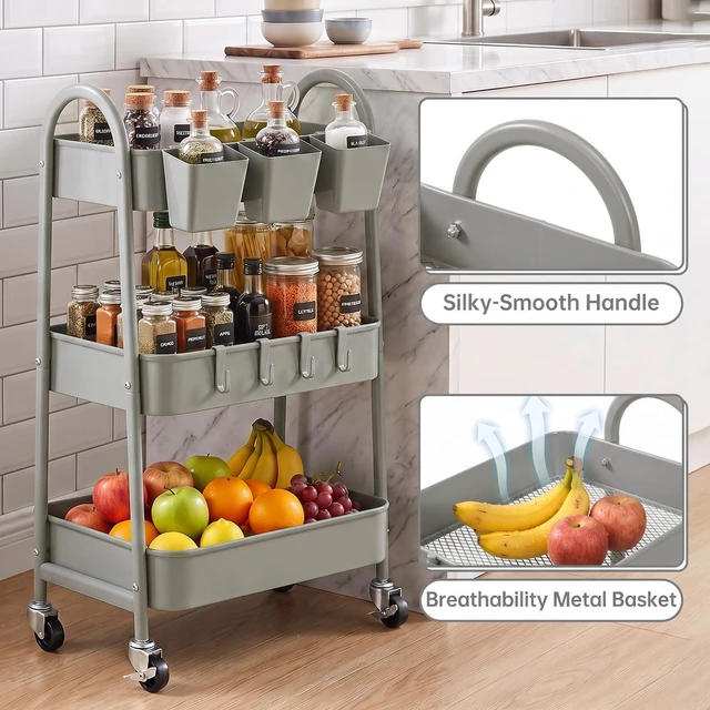 Alt view image 4 of 7 - 3-Tier Rolling Cart, Metal Rolling Storage Cart with Lockable Wheels & Hanging Cups & Hooks, Mobile Trolley Cart for Kitchen, Bathroom, Office, Workshop, Gray