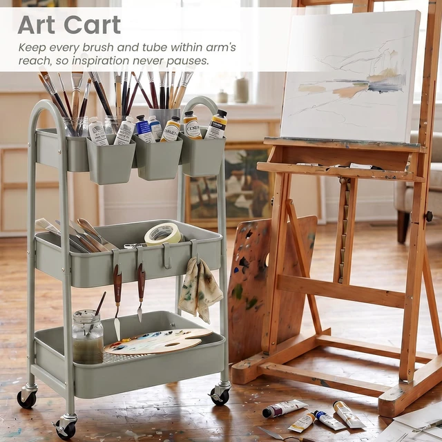 Alt view image 5 of 7 - 3-Tier Rolling Cart, Metal Rolling Storage Cart with Lockable Wheels & Hanging Cups & Hooks, Mobile Trolley Cart for Kitchen, Bathroom, Office, Workshop, Gray