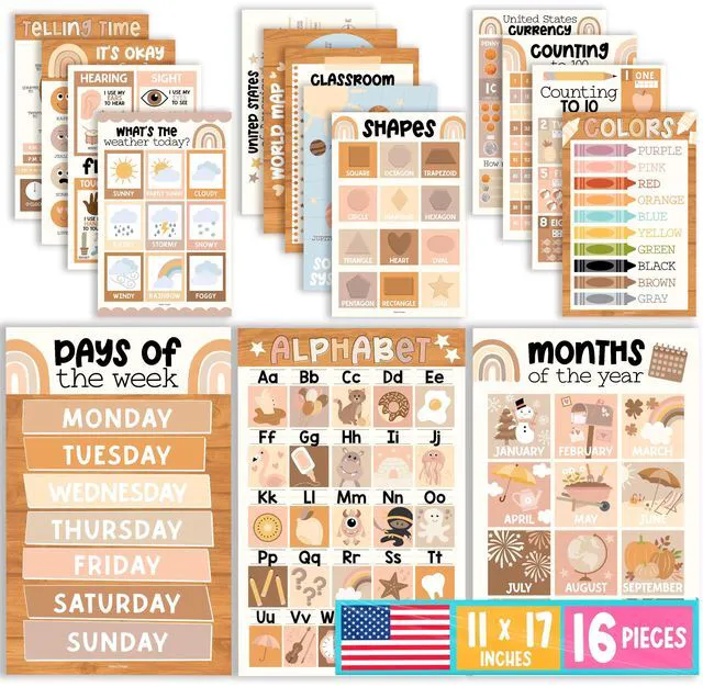 Main image of 16 Laminated Toddler Learning Posters 1-3 for Preschool Classroom Decor Boho Learning Posters for Toddlers 1-3, Homeschool Room Decor for Toddler Wall Activity, Kindergarten Classroom Must Haves