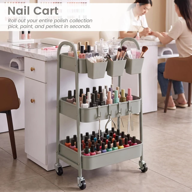 Alt view image 6 of 7 - 3-Tier Rolling Cart, Metal Rolling Storage Cart with Lockable Wheels & Hanging Cups & Hooks, Mobile Trolley Cart for Kitchen, Bathroom, Office, Workshop, Gray