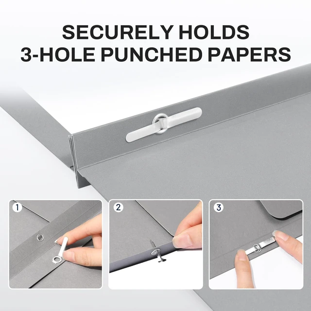 Alt view image 3 of 6 - Folders with Prongs, 25 Pack 3 Prong Folders with 3 Metal Prong Fastener Clips, 2 Pocket, Fit Letter Size Paper, Paper Folders for School Office Home Business, Gray