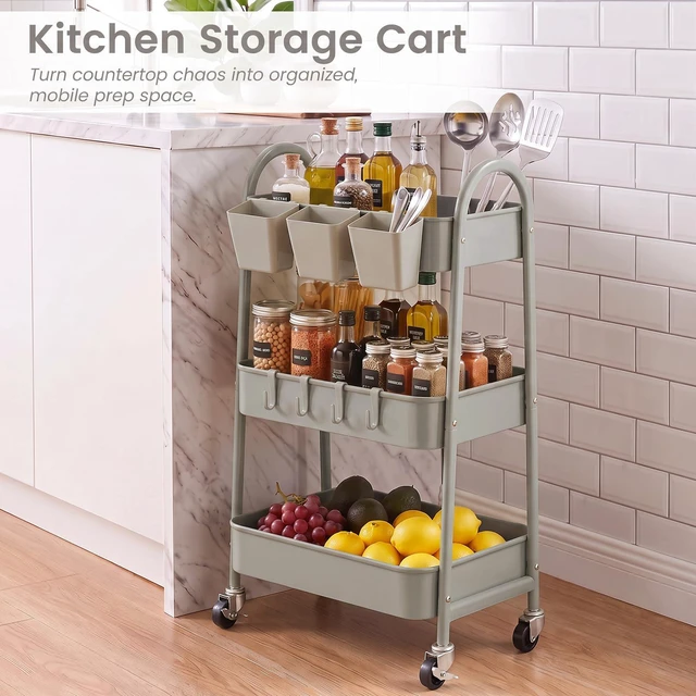Alt view image 7 of 7 - 3-Tier Rolling Cart, Metal Rolling Storage Cart with Lockable Wheels & Hanging Cups & Hooks, Mobile Trolley Cart for Kitchen, Bathroom, Office, Workshop, Gray