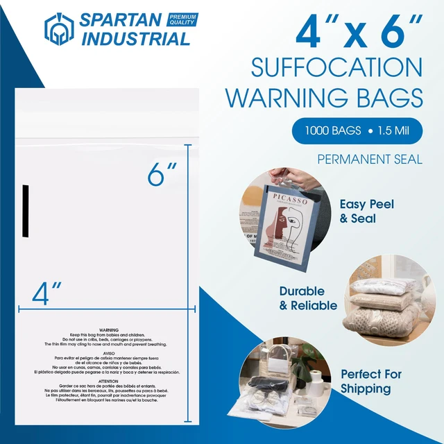 Alt view image 3 of 7 - 4 X 6 (1000 Count) Self Seal Clear Poly Bags with Suffocation Warning for Retail Packaging, Shipping - Permanent Adhesive
