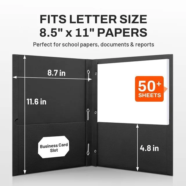 Alt view image 2 of 6 - Folders with Prongs, 50 Pack 3 Prong Folders with 3 Metal Prong Fastener Clips, 2 Pocket, Fit Letter Size Paper, Paper Folders for School Office Home Business, Black