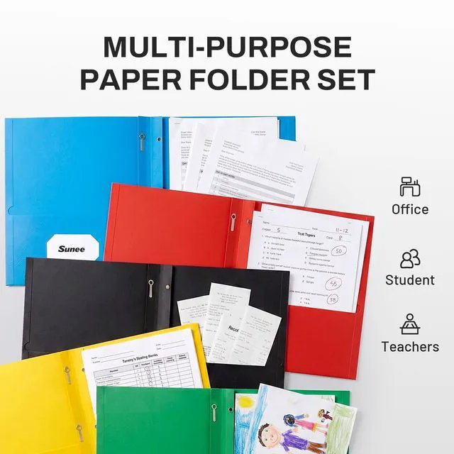 Alt view image 5 of 6 - Folders with Prongs, 50 Pack 3 Prong Folders with 3 Metal Prong Fastener Clips, 2 Pocket, Fit Letter Size Paper, Paper Folders for School Office Home Business, Black