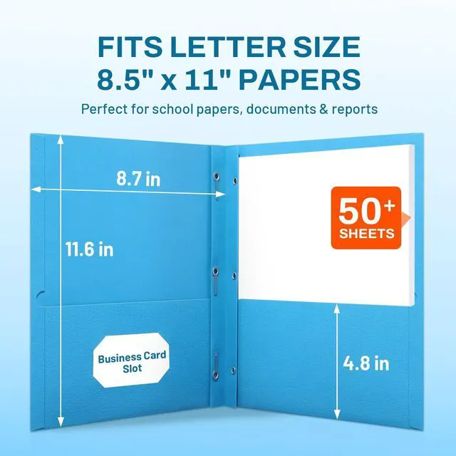 Alt view image 2 of 6 - Folders with Prongs, 50 Pack 3 Prong Folders with 3 Metal Prong Fastener Clips, 2 Pocket, Fit Letter Size Paper, Paper Folders for School Office Home Business, Blue