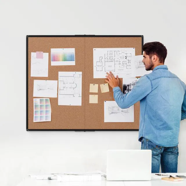 Alt view image 2 of 7 - Extra Large Cork Bulletin Board 48" X 48", Foldable Notice Pin Board for Wall, Black Aluminum Framed 4'x4' Corkboard, Wall Mounted Noticeboard with 36 Push Pins for School, Home & Office