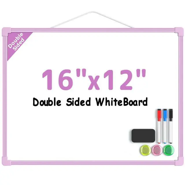 Main image of Double-Sided Dry Erase Board for Wall, 16"x12", Purple Frame Small White Board, Includes 3 Markers & 4 Magnets, Portable hanging Whiteboard for Home, Office, Double Sided Tapes Included