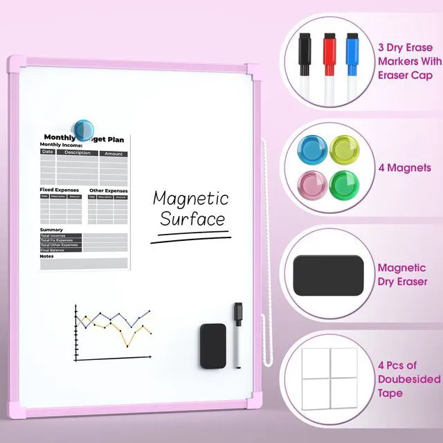Alt view image 2 of 7 - Double-Sided Dry Erase Board for Wall, 16"x12", Purple Frame Small White Board, Includes 3 Markers & 4 Magnets, Portable hanging Whiteboard for Home, Office, Double Sided Tapes Included
