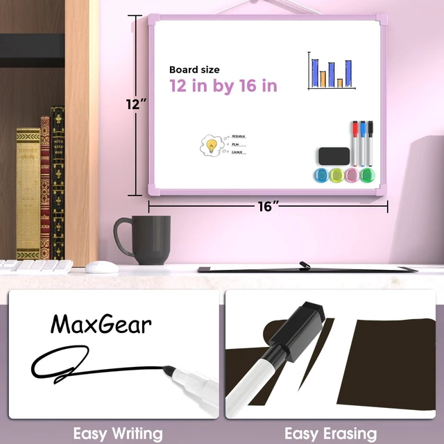 Alt view image 3 of 7 - Double-Sided Dry Erase Board for Wall, 16"x12", Purple Frame Small White Board, Includes 3 Markers & 4 Magnets, Portable hanging Whiteboard for Home, Office, Double Sided Tapes Included