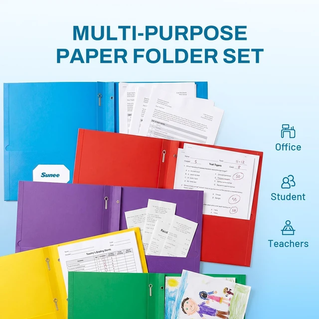 Alt view image 5 of 6 - Folders with Prongs, 50 Pack 3 Prong Folders with 3 Metal Prong Fastener Clips, 2 Pocket, Fit Letter Size Paper, Paper Folders for School Office Home Business, Blue