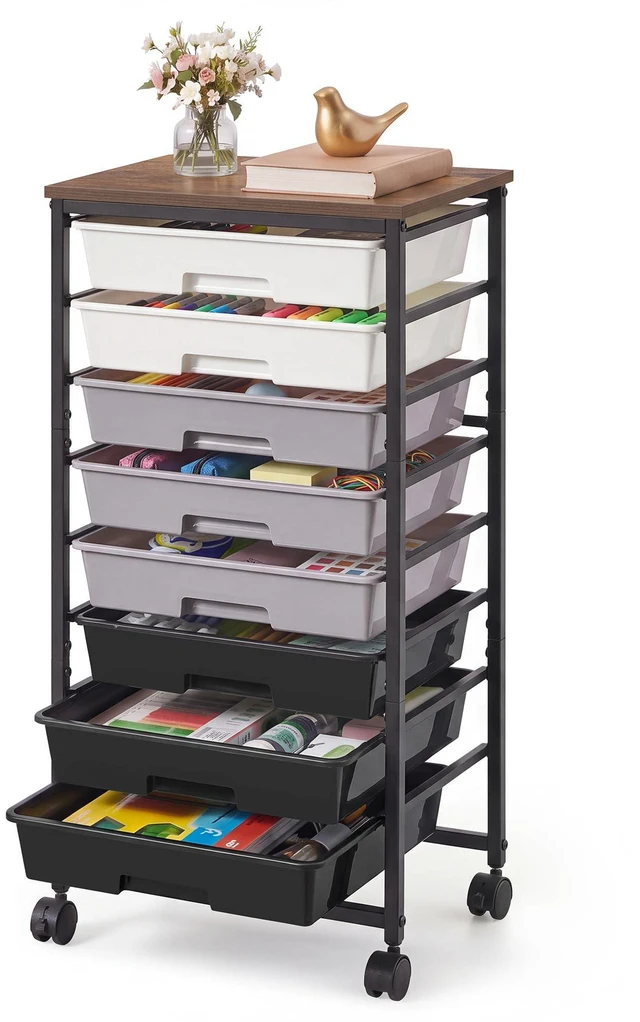 Main image of Rolling Cart with Drawers, Craft Organizers and Storage, Black Wooden Tabletop, 8 Drawers, Office, Classroom, Craft Room, Dorm, 15.6 x 11.2 x 30.1 in, BENCO Collection ULRC006B101