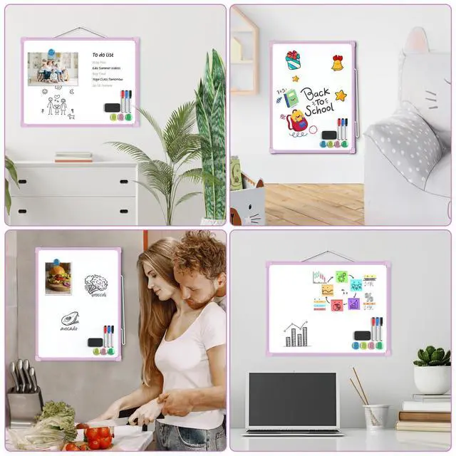 Alt view image 7 of 7 - Double-Sided Dry Erase Board for Wall, 16"x12", Purple Frame Small White Board, Includes 3 Markers & 4 Magnets, Portable hanging Whiteboard for Home, Office, Double Sided Tapes Included
