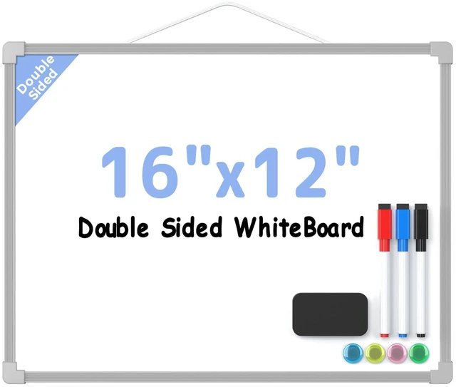 Main image of Double-Sided Dry Erase Board for Wall, 16"x12", Grey Frame Small Dry Erase White Board, Includes 3 Markers & 4 Magnets, Portable Whiteboard for Planning, Drawing, Memo, to Do List