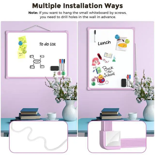 Alt view image 5 of 7 - Double-Sided Dry Erase Board for Wall, 16"x12", Purple Frame Small White Board, Includes 3 Markers & 4 Magnets, Portable hanging Whiteboard for Home, Office, Double Sided Tapes Included