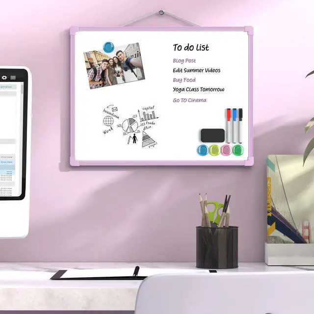 Alt view image 6 of 7 - Double-Sided Dry Erase Board for Wall, 16"x12", Purple Frame Small White Board, Includes 3 Markers & 4 Magnets, Portable hanging Whiteboard for Home, Office, Double Sided Tapes Included