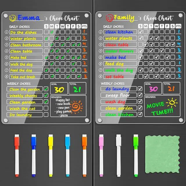 Main image of Acrylic Magnetic Chore Chart for Kids, 12x9.5 Inch, 2 Pack Sleek Clear Acrylic Design, Reward System Builds Habits, Built-In Magnets Require No Installation, 8 Wet-Erase Markers