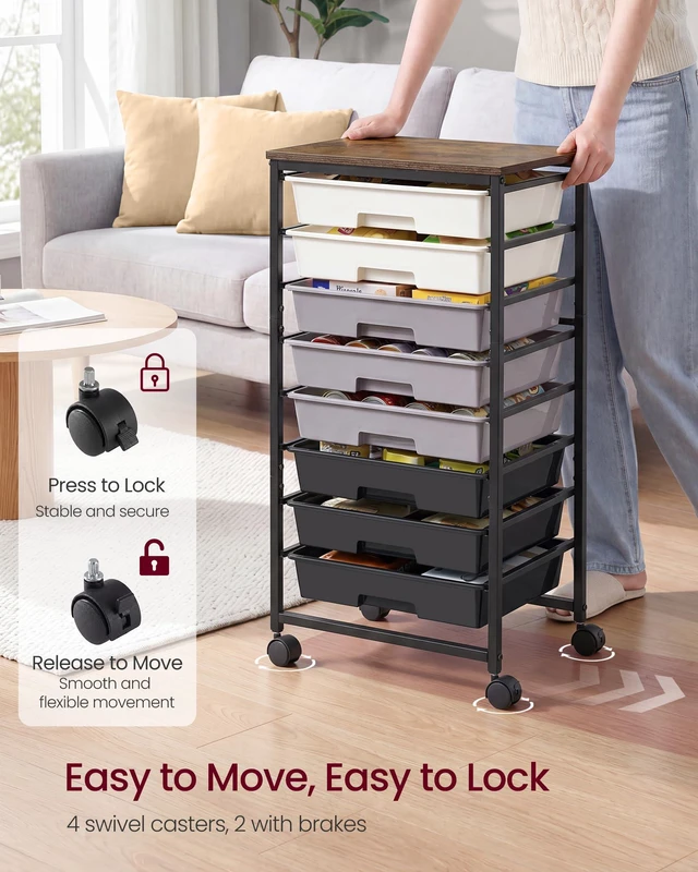 Alt view image 5 of 7 - Rolling Cart with Drawers, Craft Organizers and Storage, Black Wooden Tabletop, 8 Drawers, Office, Classroom, Craft Room, Dorm, 15.6 x 11.2 x 30.1 in, BENCO Collection ULRC006B101