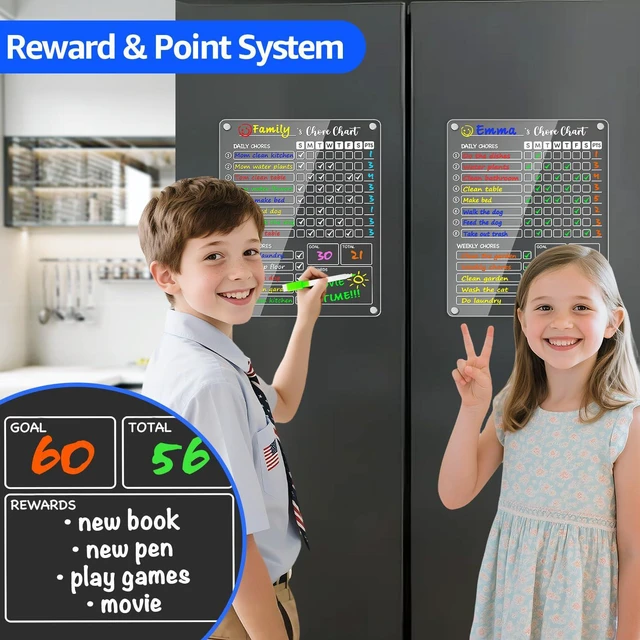 Alt view image 3 of 7 - Acrylic Magnetic Chore Chart for Kids, 12x9.5 Inch, 2 Pack Sleek Clear Acrylic Design, Reward System Builds Habits, Built-In Magnets Require No Installation, 8 Wet-Erase Markers