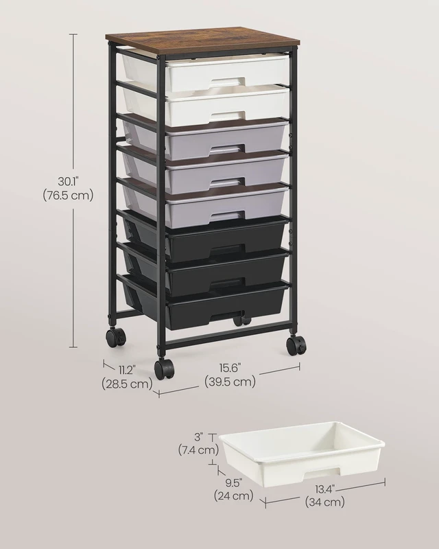 Alt view image 3 of 7 - Rolling Cart with Drawers, Craft Organizers and Storage, Black Wooden Tabletop, 8 Drawers, Office, Classroom, Craft Room, Dorm, 15.6 x 11.2 x 30.1 in, BENCO Collection ULRC006B101