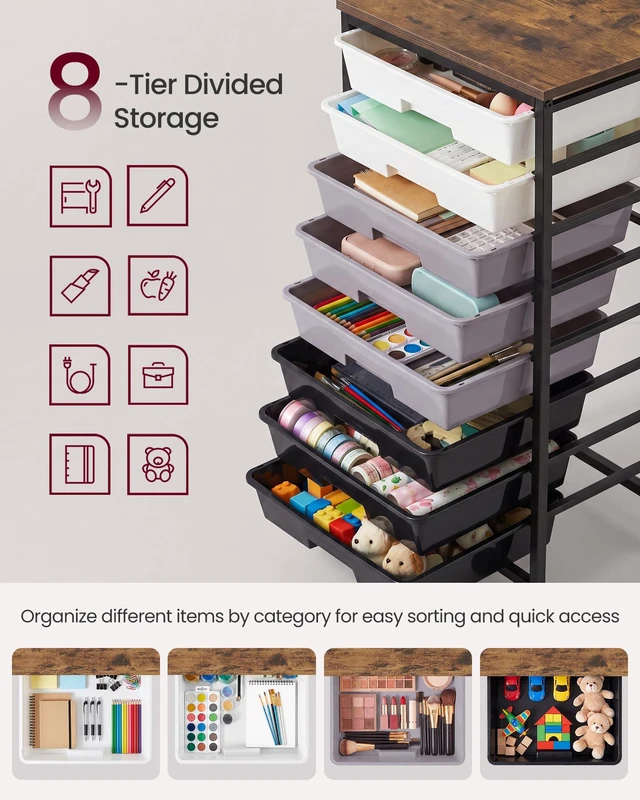 Alt view image 6 of 7 - Rolling Cart with Drawers, Craft Organizers and Storage, Black Wooden Tabletop, 8 Drawers, Office, Classroom, Craft Room, Dorm, 15.6 x 11.2 x 30.1 in, BENCO Collection ULRC006B101