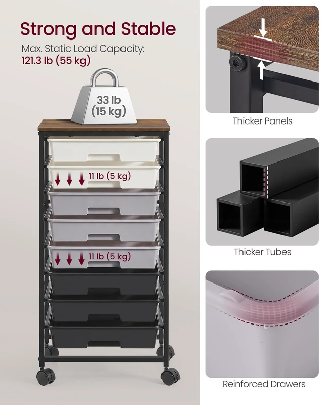 Alt view image 7 of 7 - Rolling Cart with Drawers, Craft Organizers and Storage, Black Wooden Tabletop, 8 Drawers, Office, Classroom, Craft Room, Dorm, 15.6 x 11.2 x 30.1 in, BENCO Collection ULRC006B101
