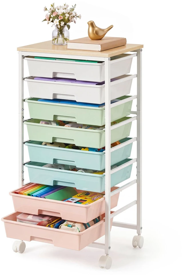 Main image of Rolling Cart with Drawers, Craft Organizers and Storage, Multicolor Wooden Tabletop, 8 Drawers, Office, Classroom, Craft Room, Dorm, 15.6 x 11.2 x 30.1 in, BENCO Collection ULRC006X101