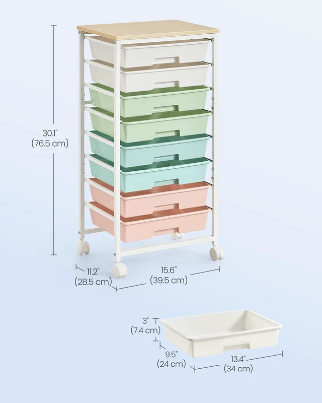 Alt view image 3 of 7 - Rolling Cart with Drawers, Craft Organizers and Storage, Multicolor Wooden Tabletop, 8 Drawers, Office, Classroom, Craft Room, Dorm, 15.6 x 11.2 x 30.1 in, BENCO Collection ULRC006X101