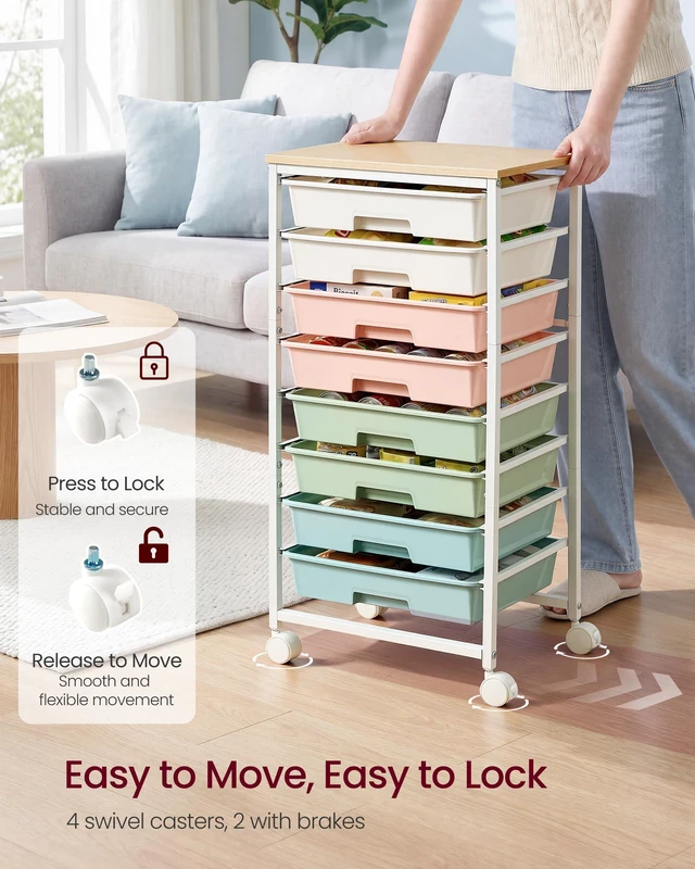 Alt view image 5 of 7 - Rolling Cart with Drawers, Craft Organizers and Storage, Multicolor Wooden Tabletop, 8 Drawers, Office, Classroom, Craft Room, Dorm, 15.6 x 11.2 x 30.1 in, BENCO Collection ULRC006X101
